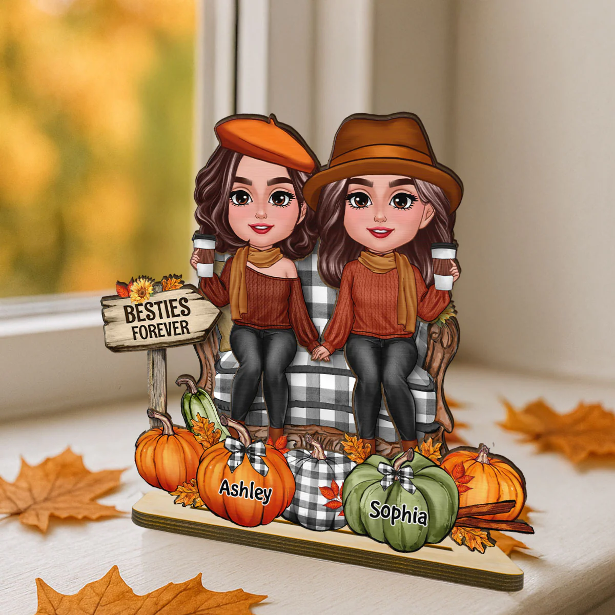 Fall Season Besties Sitting Pumpkins Personalized 2-Layer Standing Wooden Plaque| Fall Season Gift For Best Friends - Image 5