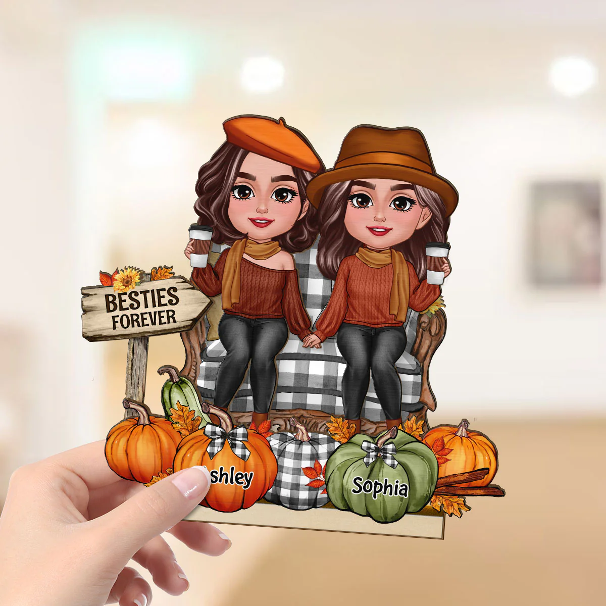 Fall Season Besties Sitting Pumpkins Personalized 2-Layer Standing Wooden Plaque| Fall Season Gift For Best Friends - Image 6
