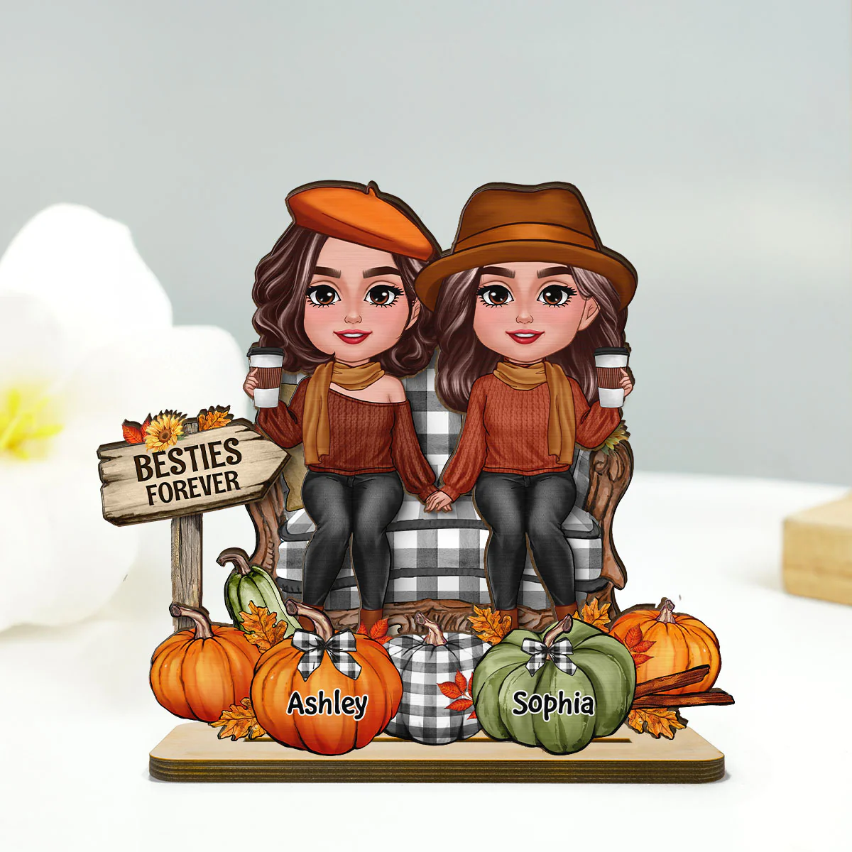 Fall Season Besties Sitting Pumpkins Personalized 2-Layer Standing Wooden Plaque| Fall Season Gift For Best Friends - Image 9