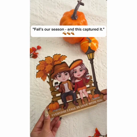 3D Effect Fall Season Couple Sitting On The Bench Personalized 2-Layer Standing Wooden Plaque - Image 2