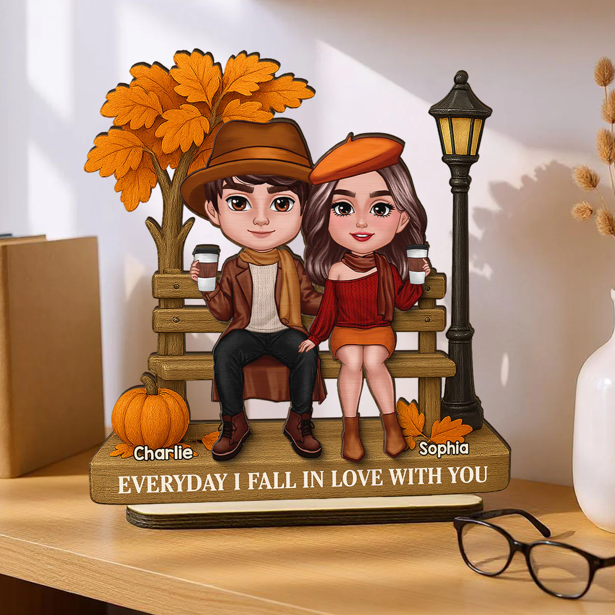3D Effect Fall Season Couple Sitting On The Bench Personalized 2-Layer Standing Wooden Plaque - Image 3