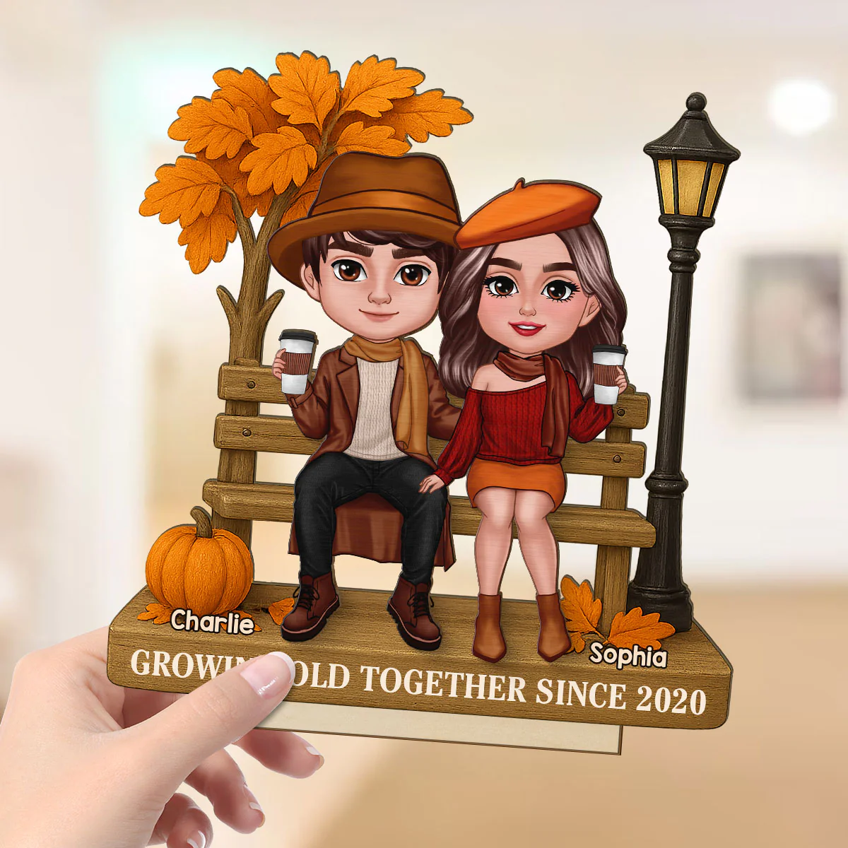 3D Effect Fall Season Couple Sitting On The Bench Personalized 2-Layer Standing Wooden Plaque - Image 4