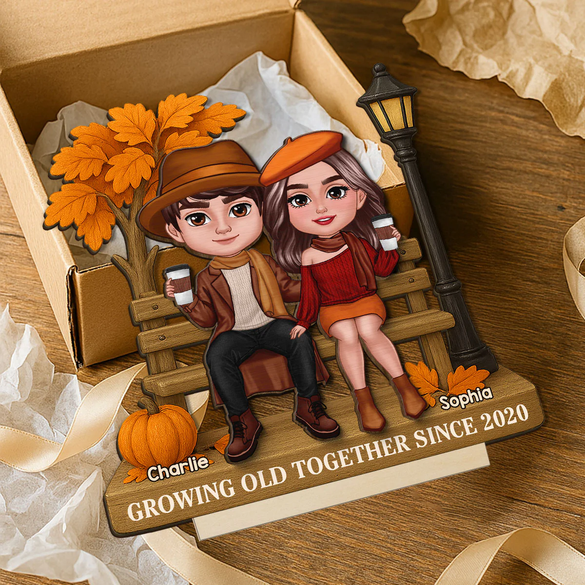3D Effect Fall Season Couple Sitting On The Bench Personalized 2-Layer Standing Wooden Plaque - Image 5