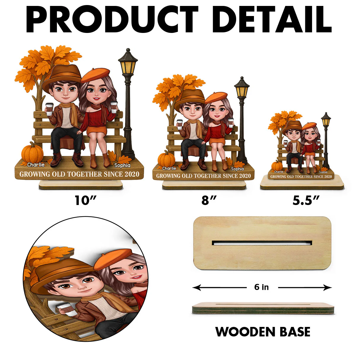 3D Effect Fall Season Couple Sitting On The Bench Personalized 2-Layer Standing Wooden Plaque - Image 6