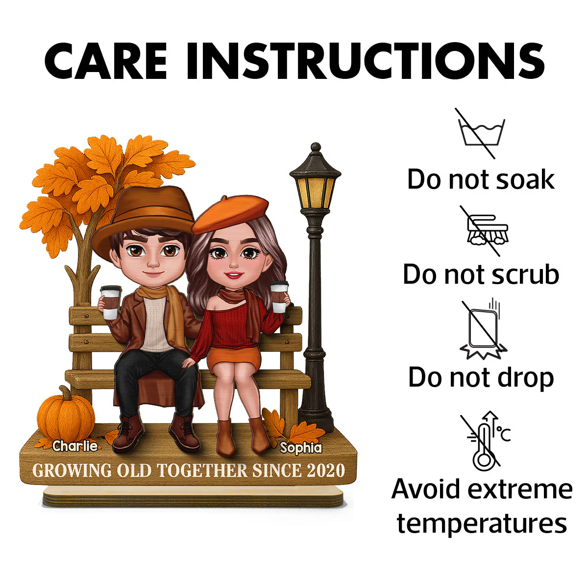 3D Effect Fall Season Couple Sitting On The Bench Personalized 2-Layer Standing Wooden Plaque - Image 7