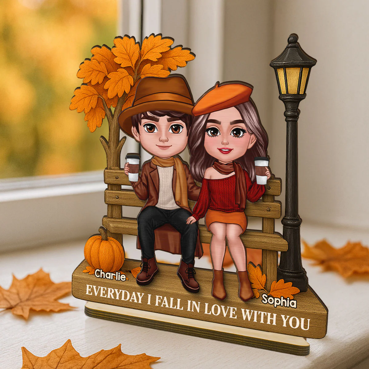 3D Effect Fall Season Couple Sitting On The Bench Personalized 2-Layer Standing Wooden Plaque - Image 8