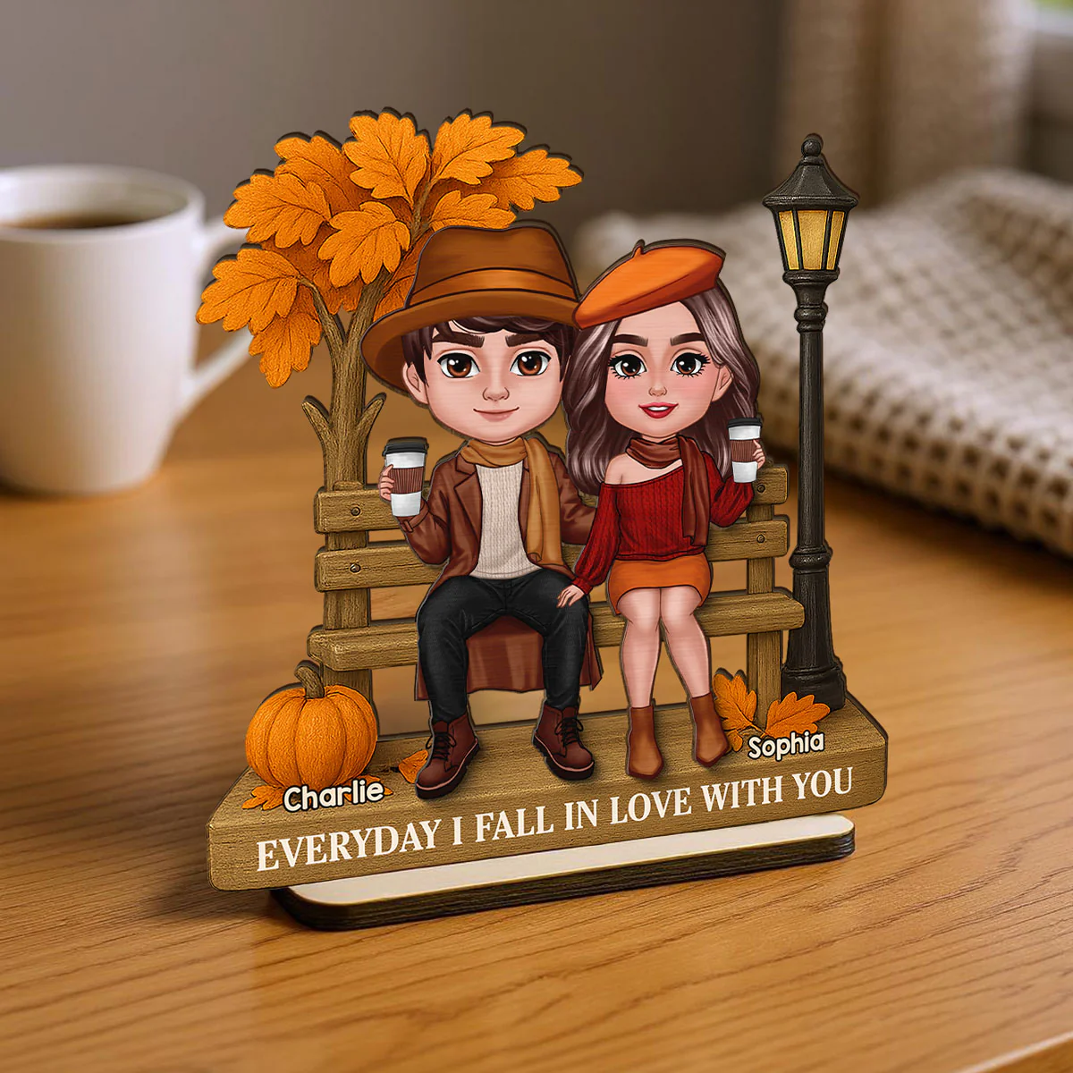 3D Effect Fall Season Couple Sitting On The Bench Personalized 2-Layer Standing Wooden Plaque - Image 9