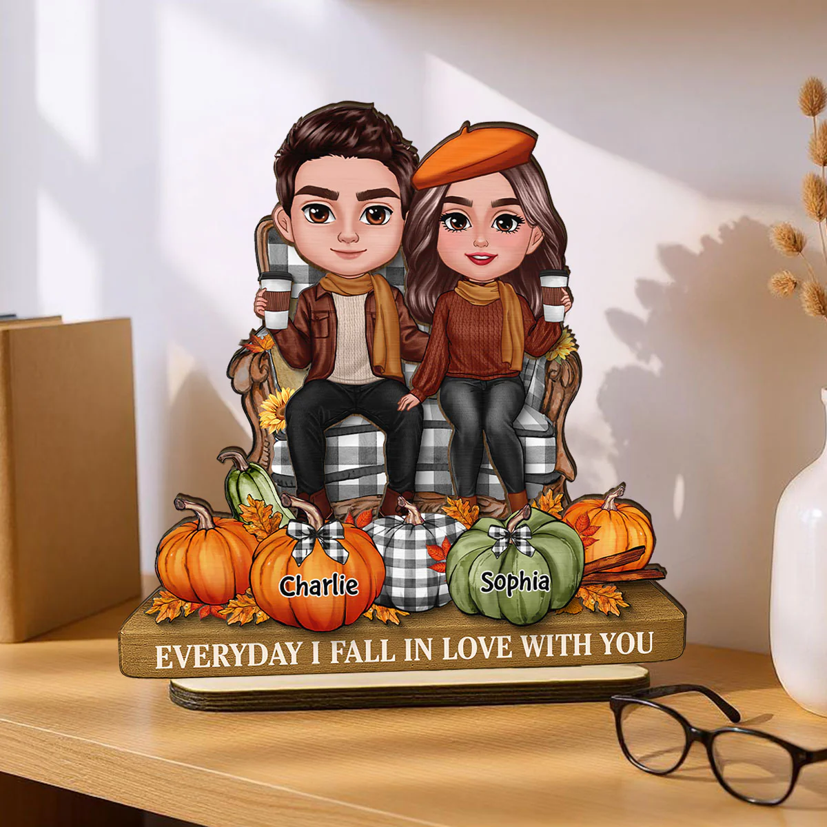 3D Effect Fall Season Couple Sitting Pumpkins Personalized 2-Layer Standing Wooden Plaque - Image 5