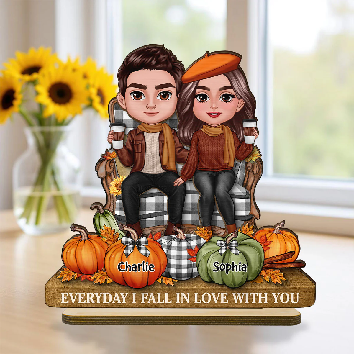 3D Effect Fall Season Couple Sitting Pumpkins Personalized 2-Layer Standing Wooden Plaque - Image 9