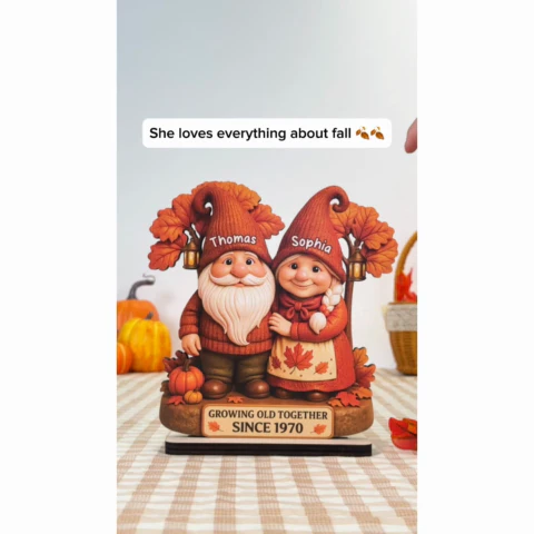3D Effect Fall Season Gnome Couple Growing Old Together Personalized Standing Wooden Plaque - Image 2