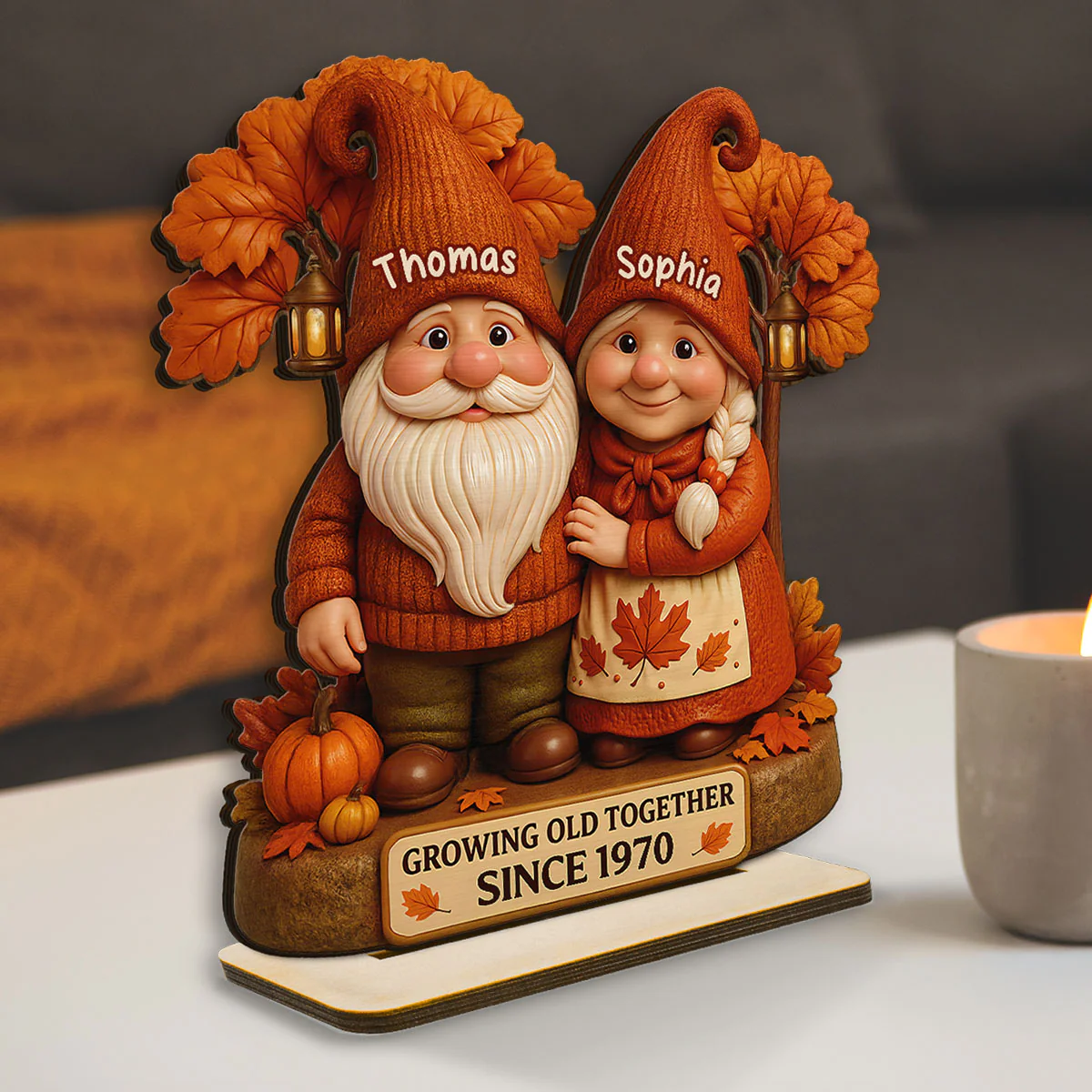 3D Effect Fall Season Gnome Couple Growing Old Together Personalized Standing Wooden Plaque - Image 3