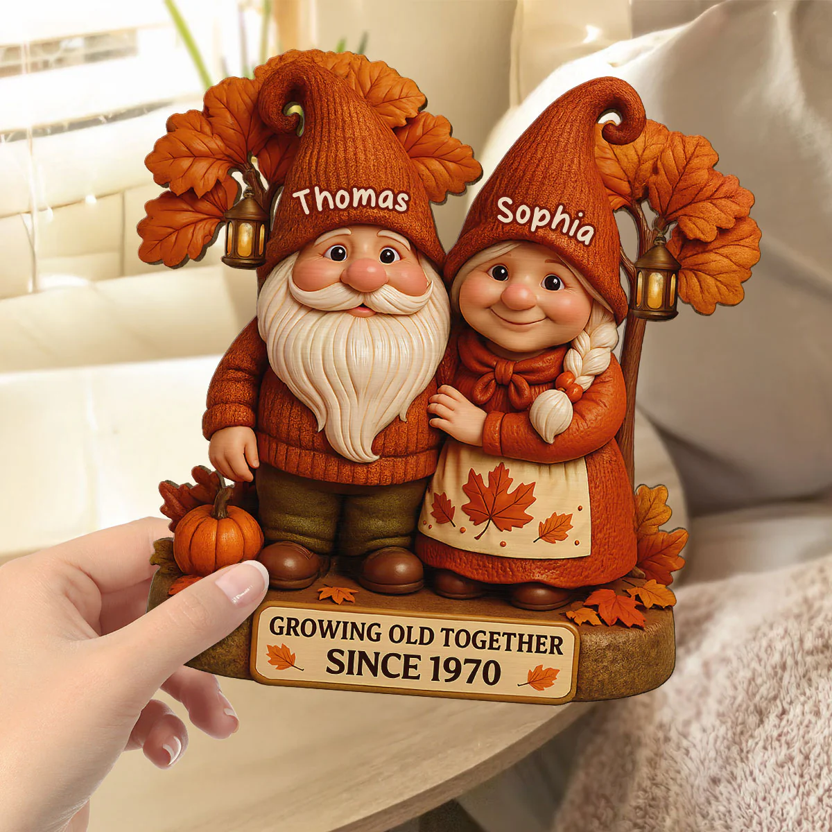 3D Effect Fall Season Gnome Couple Growing Old Together Personalized Standing Wooden Plaque - Image 4