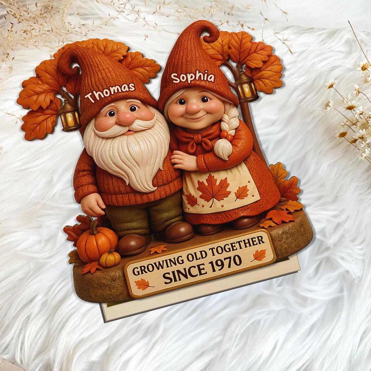 3D Effect Fall Season Gnome Couple Growing Old Together Personalized Standing Wooden Plaque - Image 5