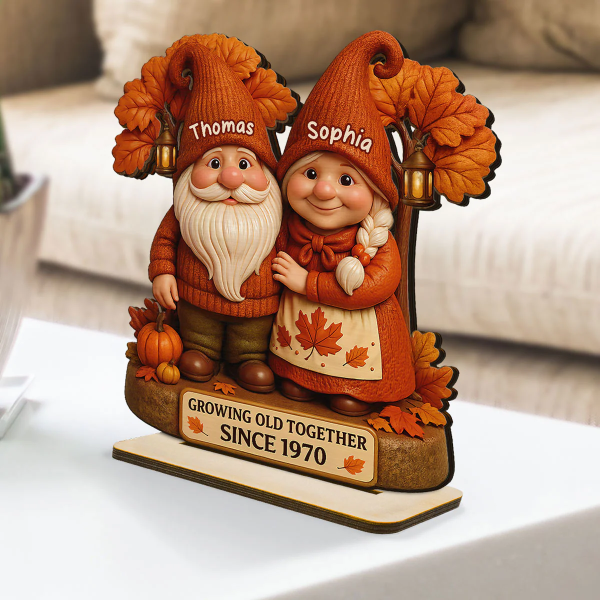 3D Effect Fall Season Gnome Couple Growing Old Together Personalized Standing Wooden Plaque - Image 6