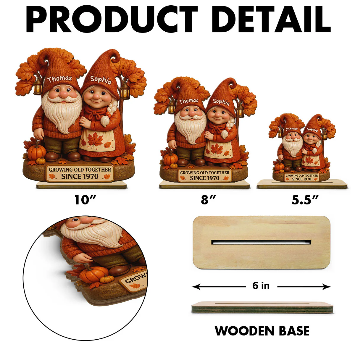 3D Effect Fall Season Gnome Couple Growing Old Together Personalized Standing Wooden Plaque - Image 7