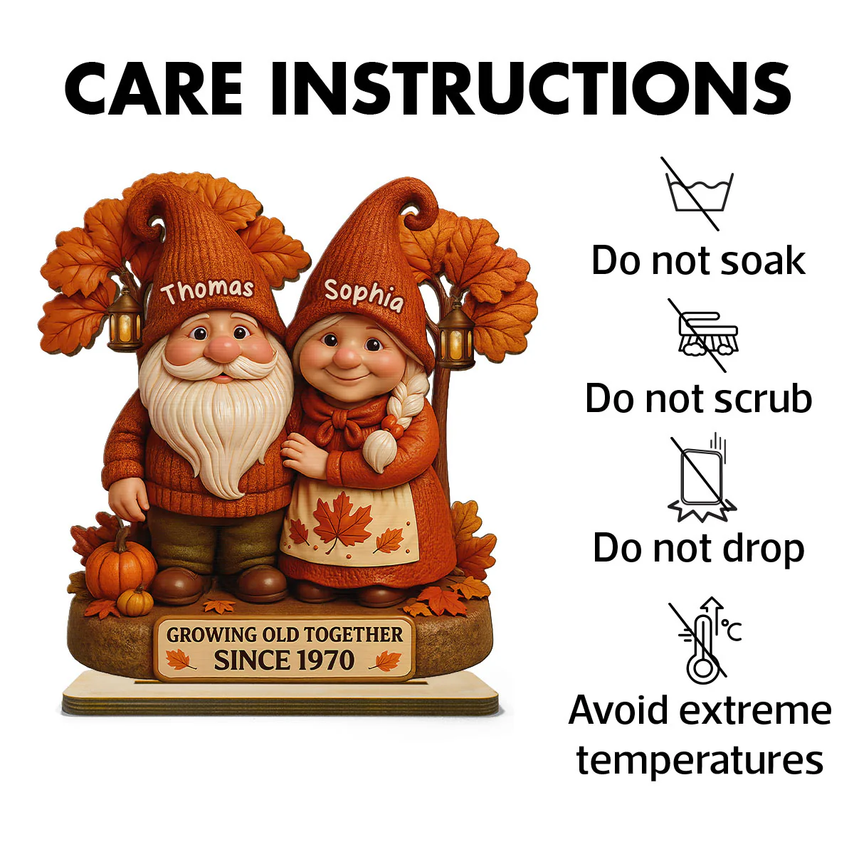 3D Effect Fall Season Gnome Couple Growing Old Together Personalized Standing Wooden Plaque - Image 8