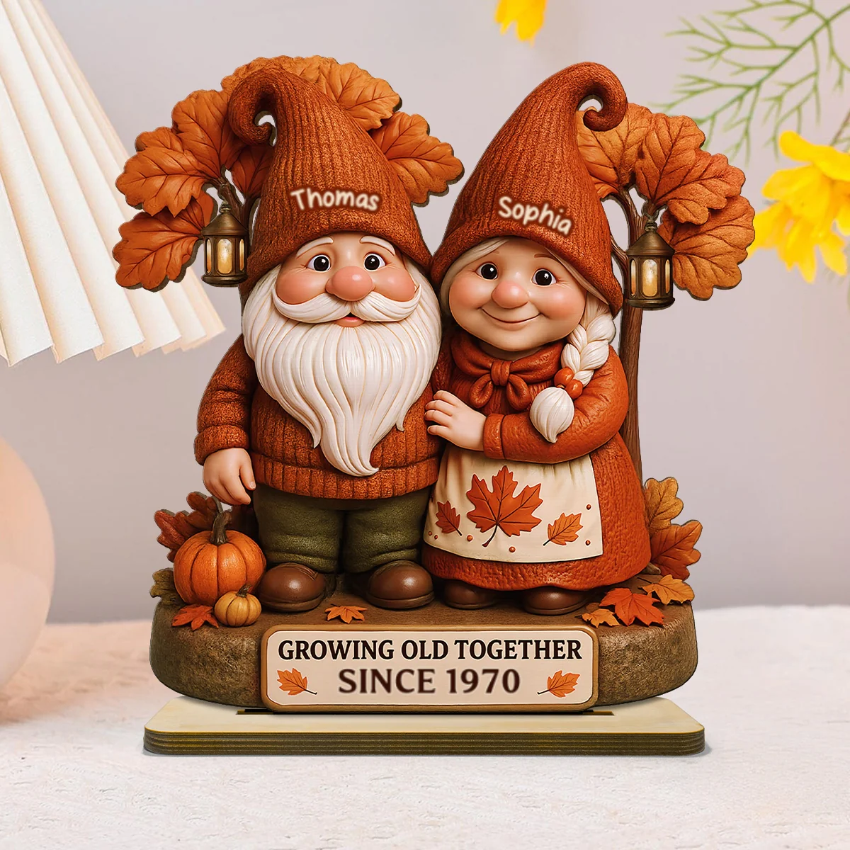 3D Effect Fall Season Gnome Couple Growing Old Together Personalized Standing Wooden Plaque - Image 9