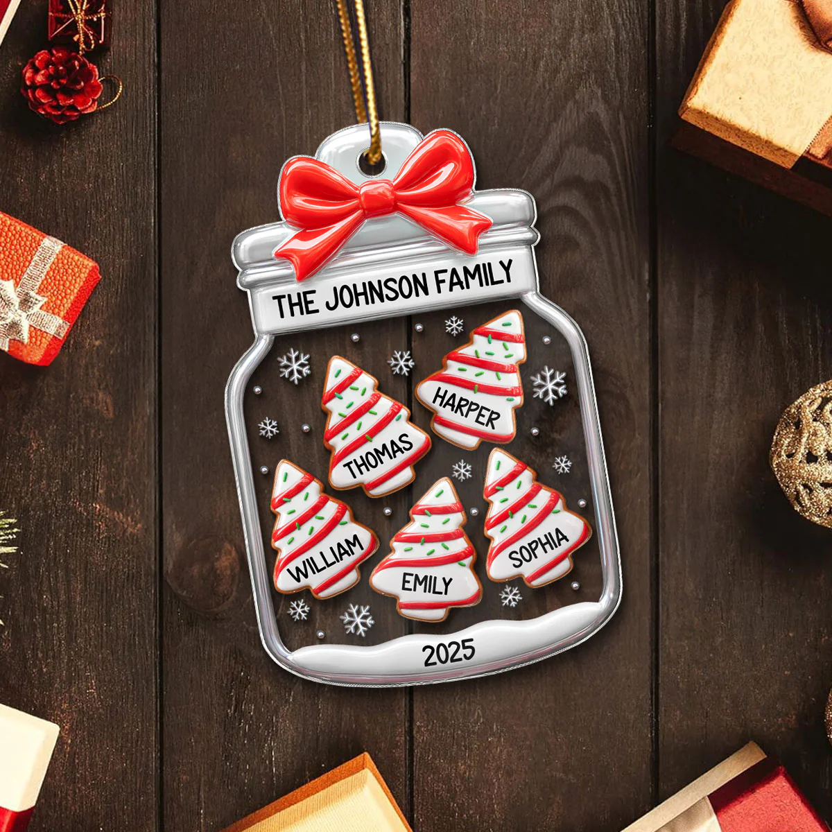 3D Effect Family Christmas Tree Gingerbread In Jar - Personalized Acrylic Ornament - Image 5