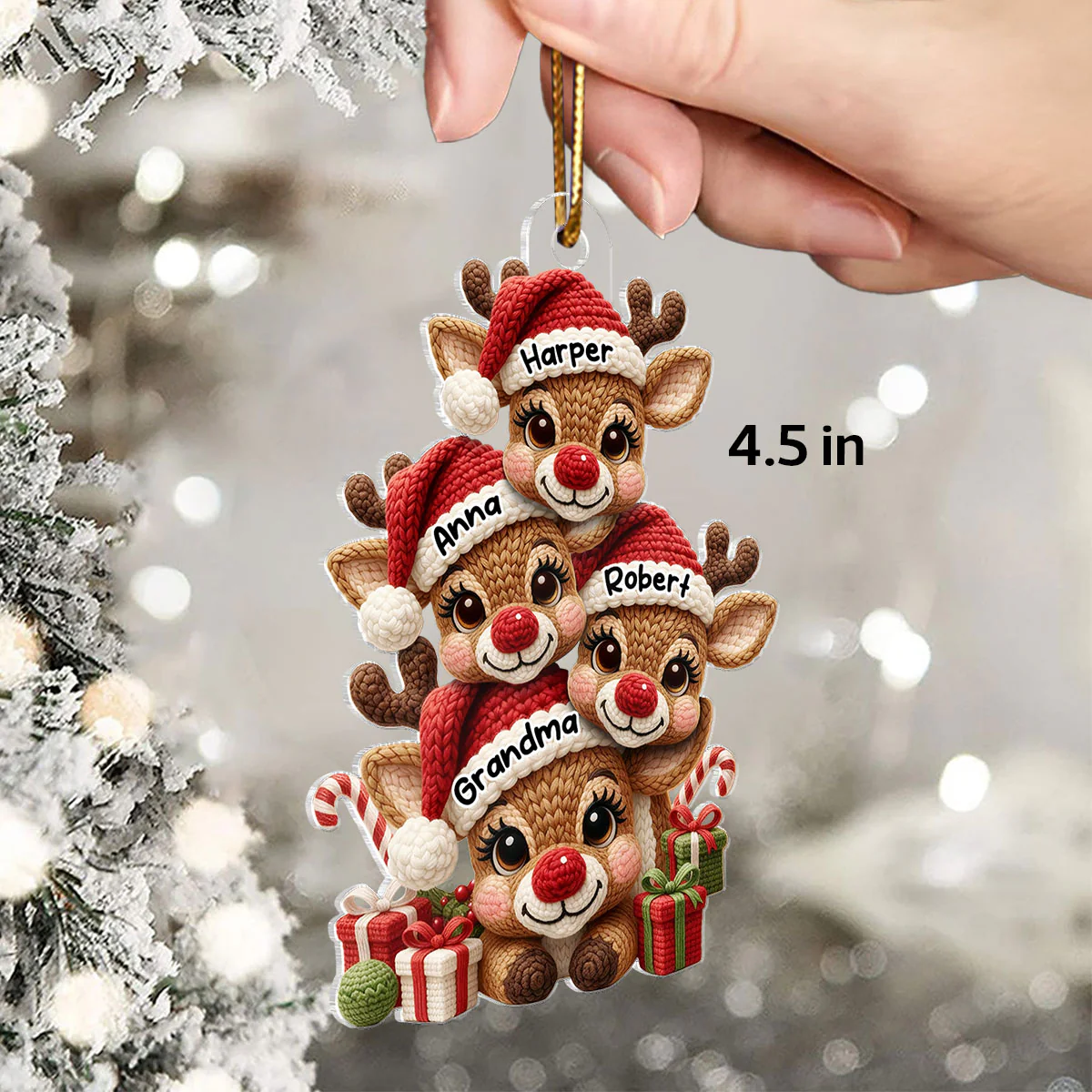 3D Effect Faux Yarn Grandma & Grandkids Reindeer Christmas - Personalized Acrylic Ornament - Gift for Grandma, Grandkids - Image 2