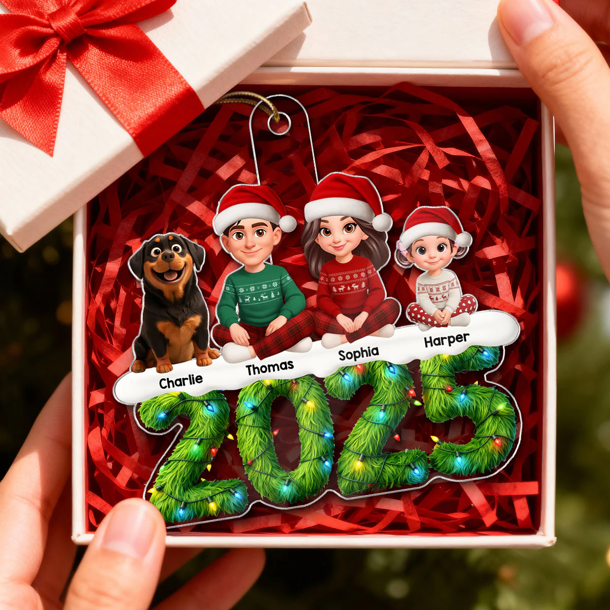 3D Effect Festive Christmas Green Pattern Beautiful Family Together - Personalized Acrylic Ornament - Image 3