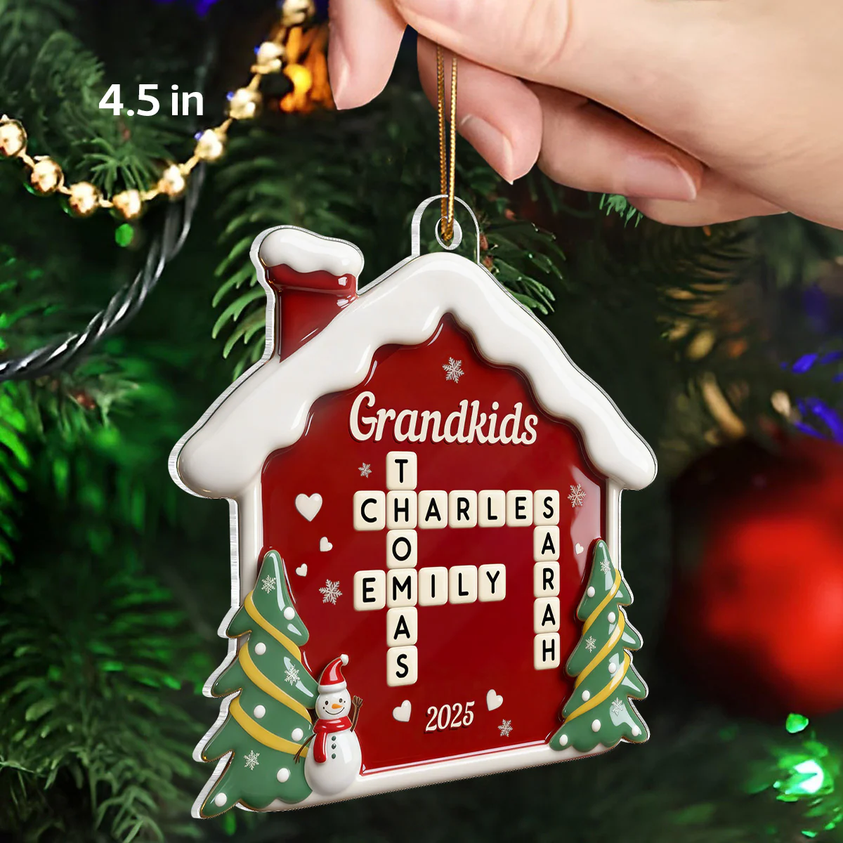3D Effect Festive Christmas House Grandparents Grandkids Forever Linked Together Crossword Puzzle Art - Personalized Acrylic Ornament - Image 2