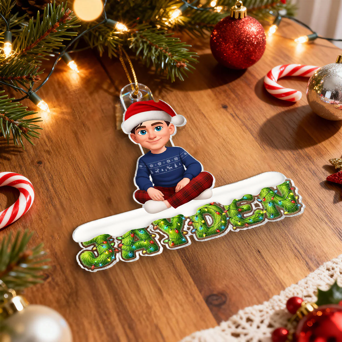 3D Effect Festive Green Pattern Family Member Name - Personalized Acrylic Ornament - Gift For Family - Image 9
