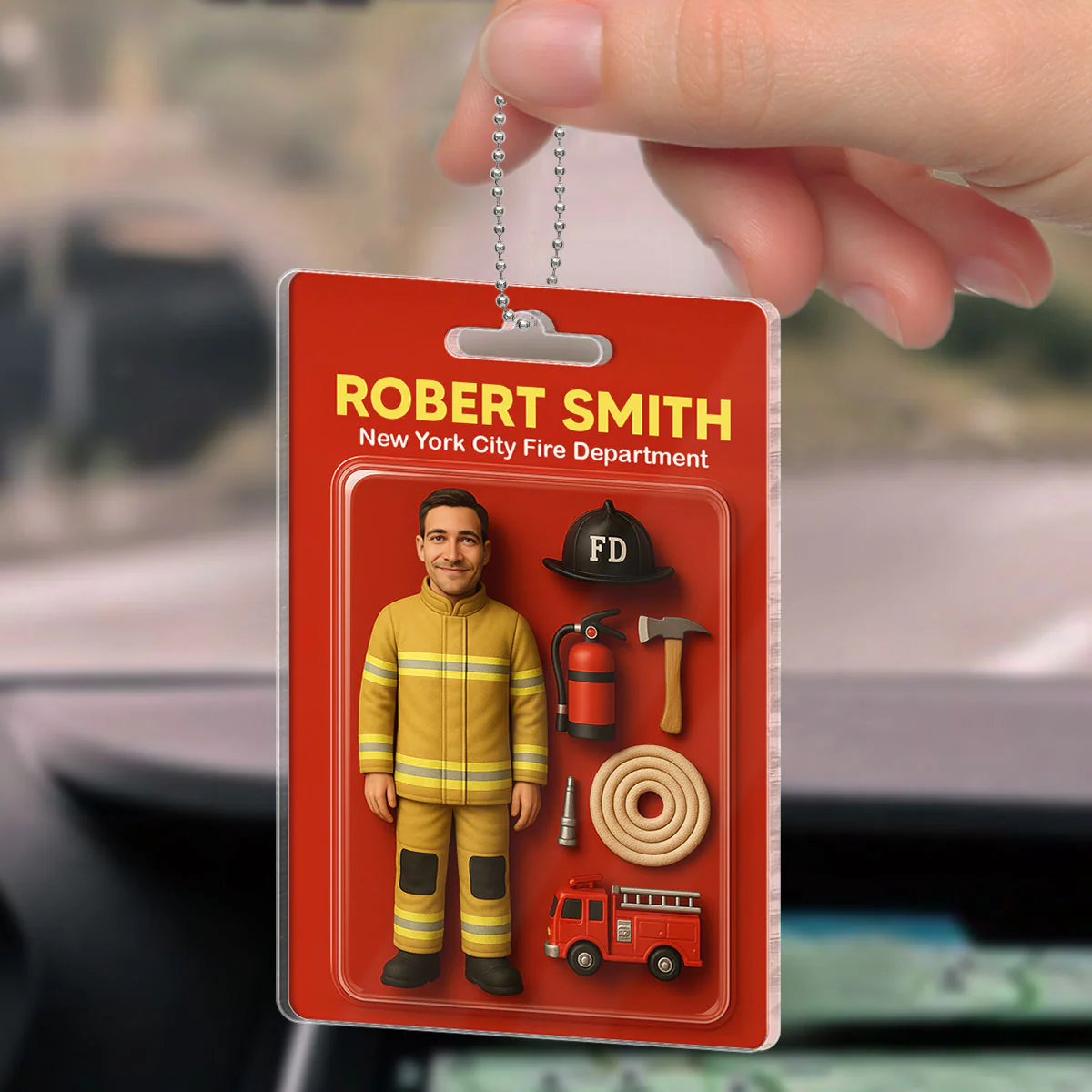 3D Effect Firefighter Custom Figure Personalized Flat Acrylic Car Hanger - Image 3