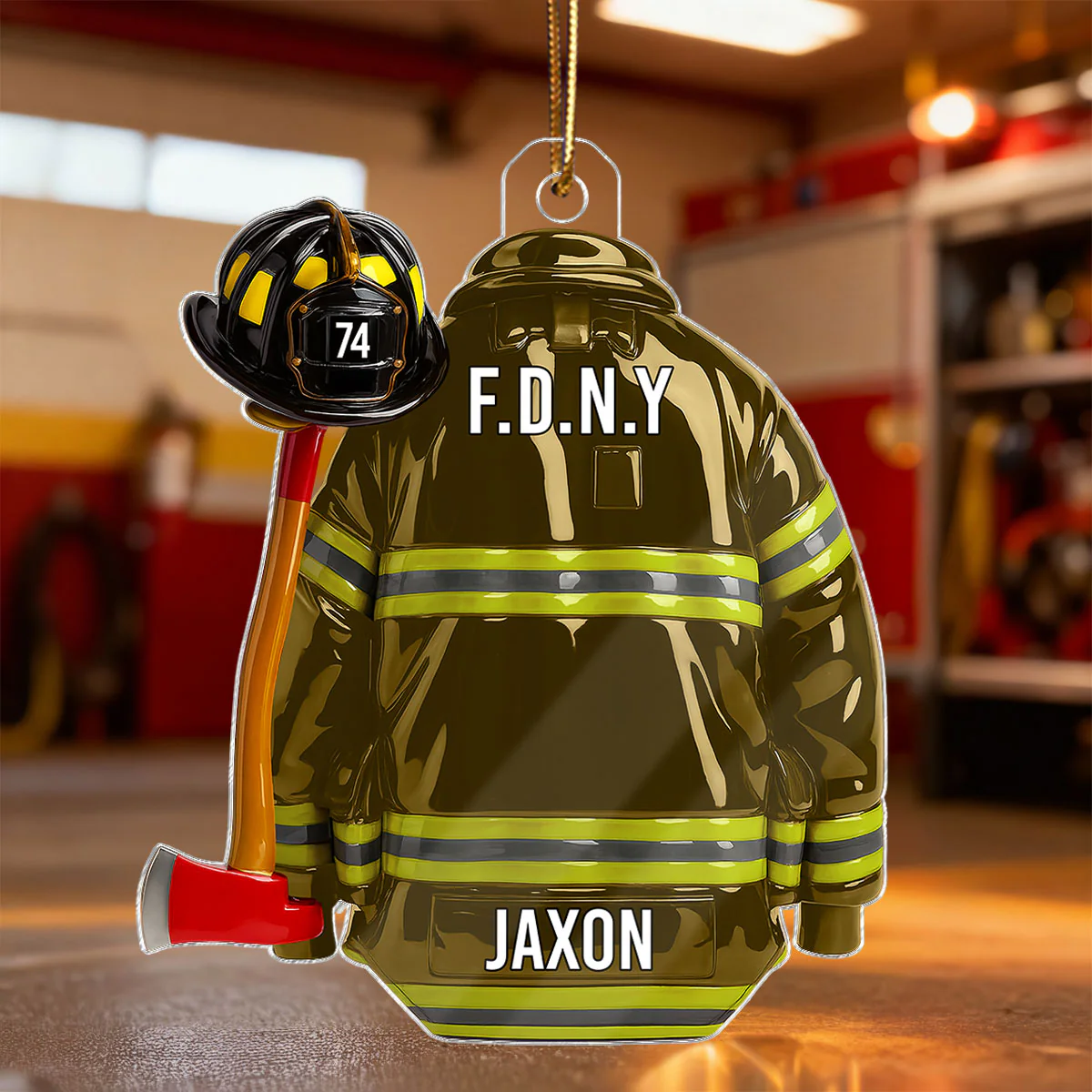 3D Effect Firefighter Coat, Helmet & Axe - Personalized Acrylic Ornament - Christmas Gift For Firefighter - Image 4