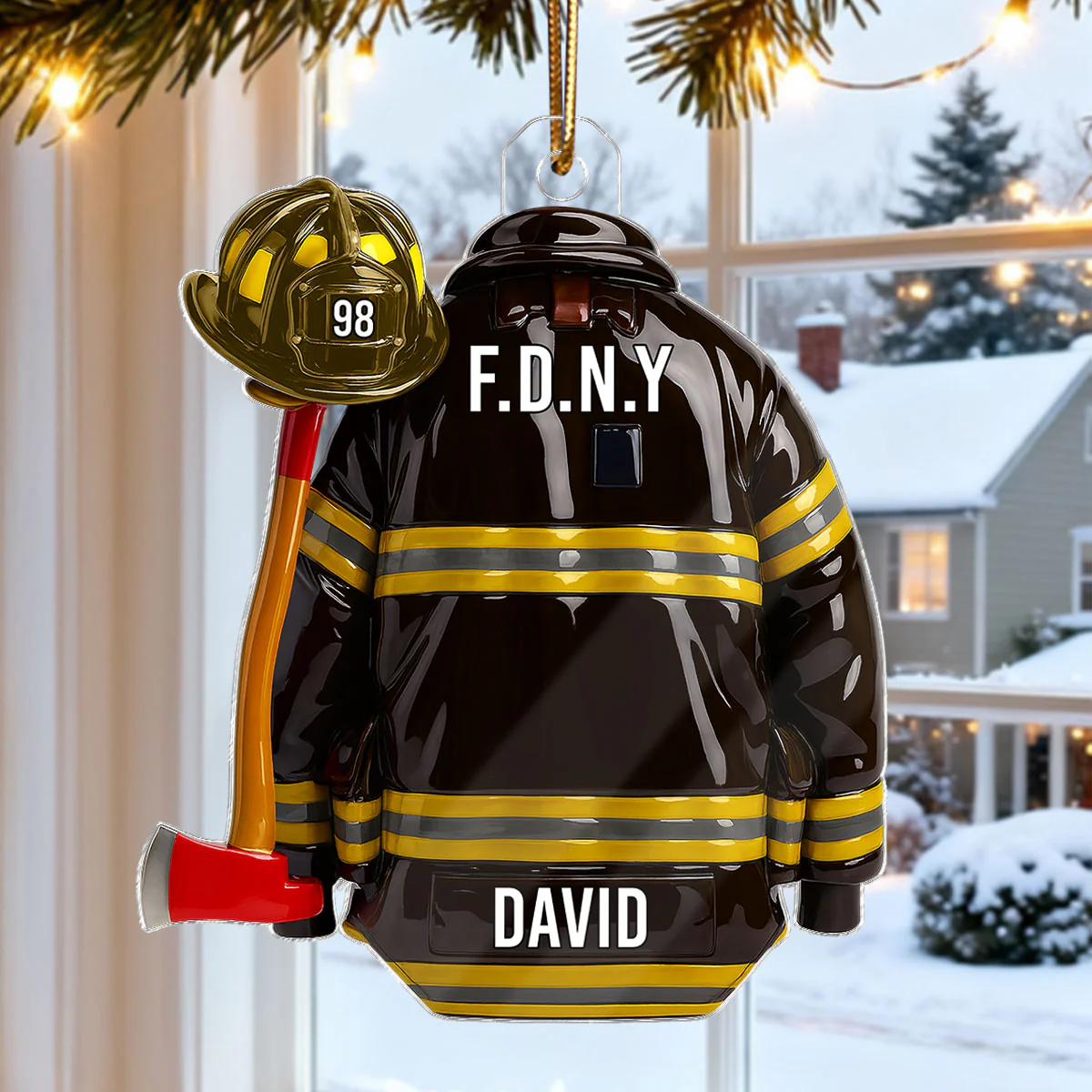 3D Effect Firefighter Coat, Helmet & Axe - Personalized Acrylic Ornament - Christmas Gift For Firefighter - Image 6