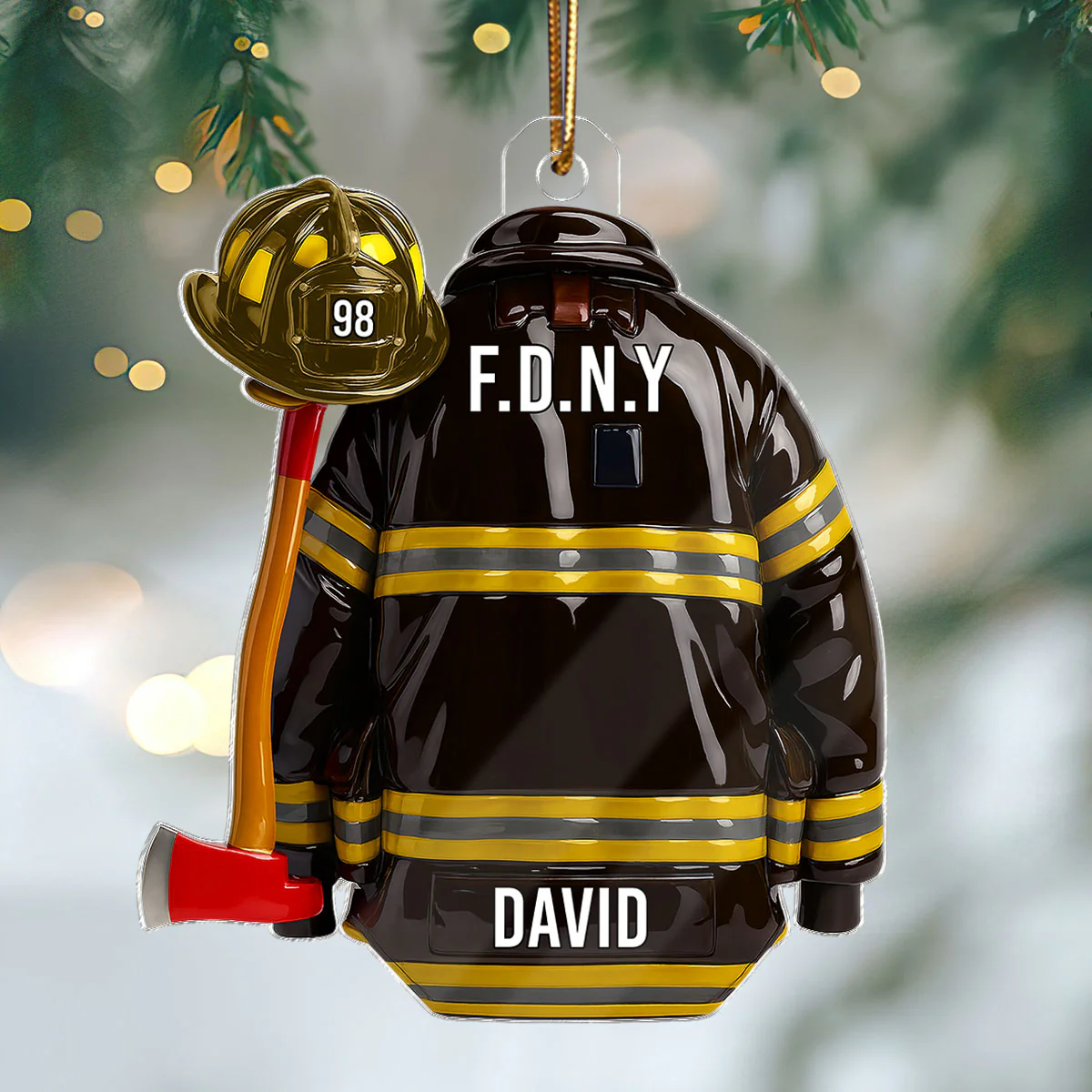 3D Effect Firefighter Coat, Helmet & Axe - Personalized Acrylic Ornament - Christmas Gift For Firefighter - Image 7
