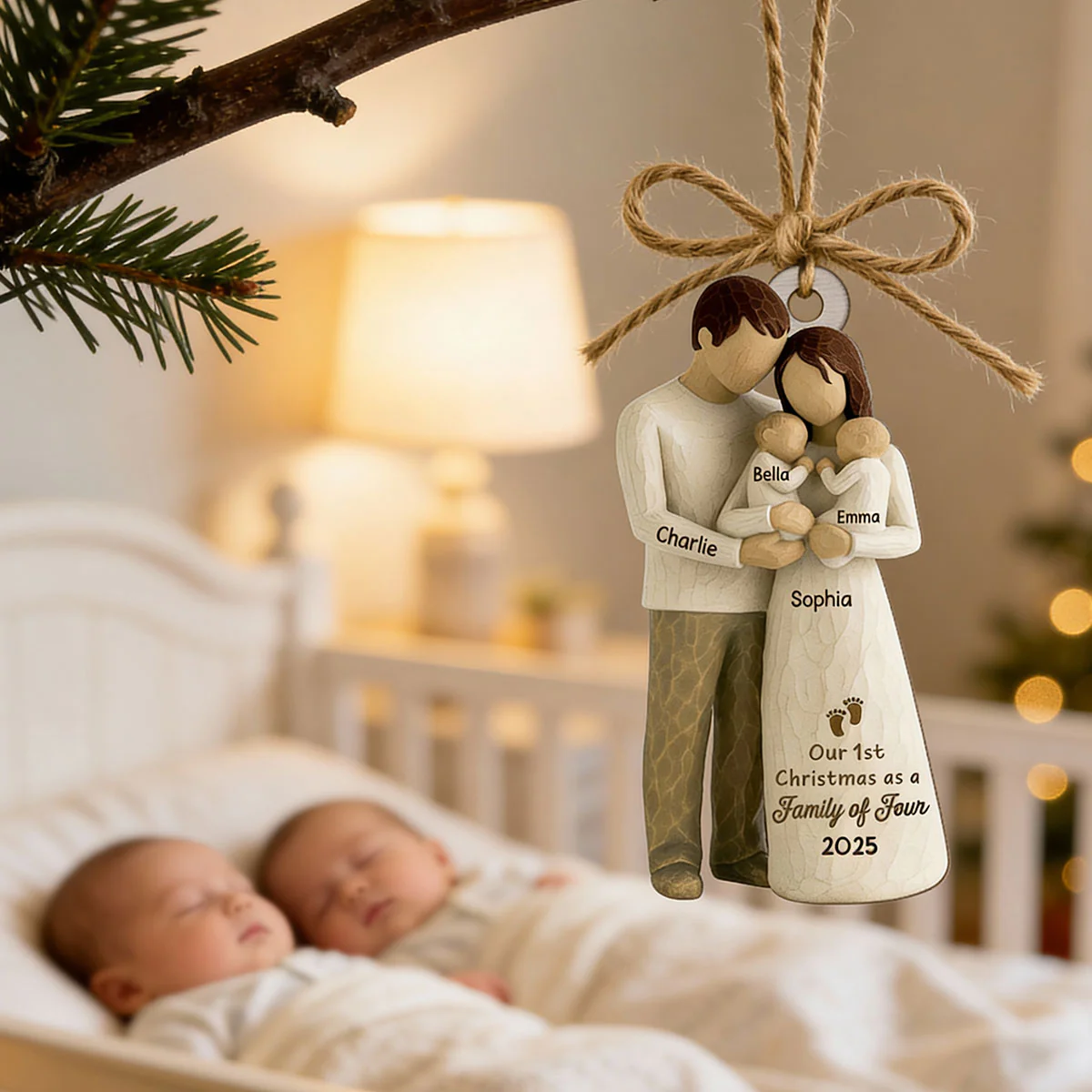 3D Effect First Christmas As Family Of Four Mom Dad & Twin Babies - Personalized Wooden Ornament - Image 11