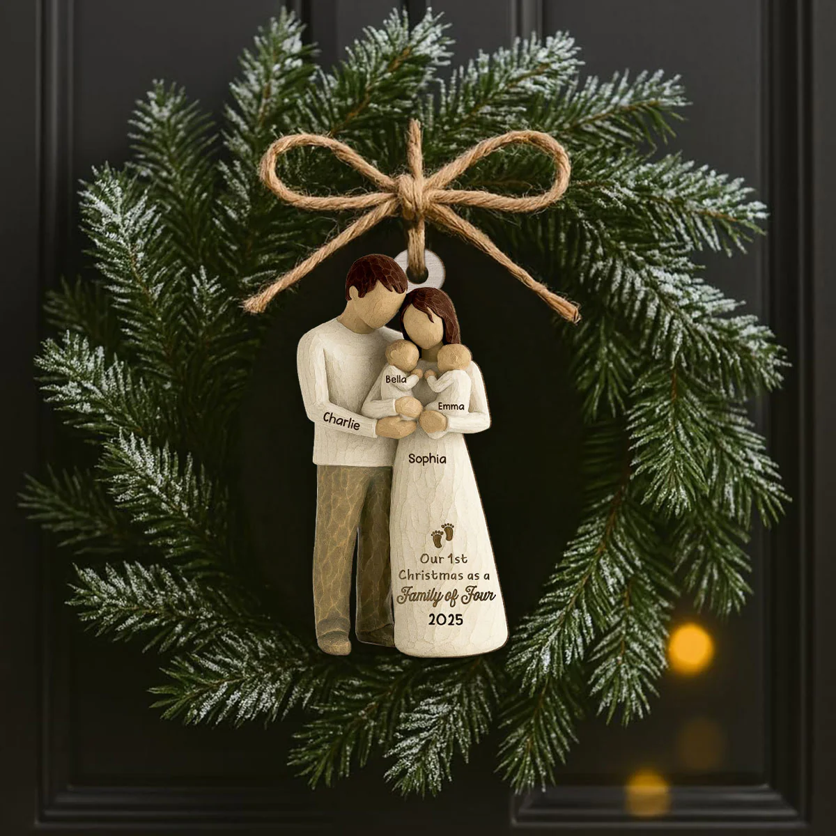 3D Effect First Christmas As Family Of Four Mom Dad & Twin Babies - Personalized Wooden Ornament - Image 4