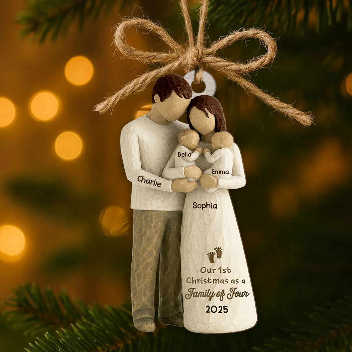3D Effect First Christmas As Family Of Four Mom Dad & Twin Babies - Personalized Wooden Ornament - Image 5