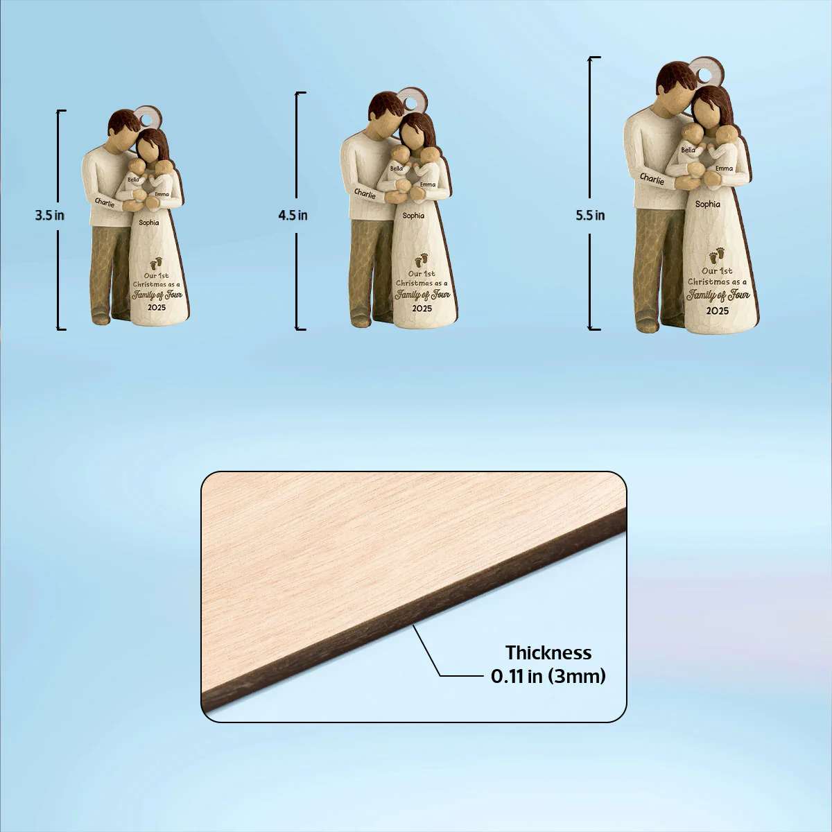 3D Effect First Christmas As Family Of Four Mom Dad & Twin Babies - Personalized Wooden Ornament - Image 6