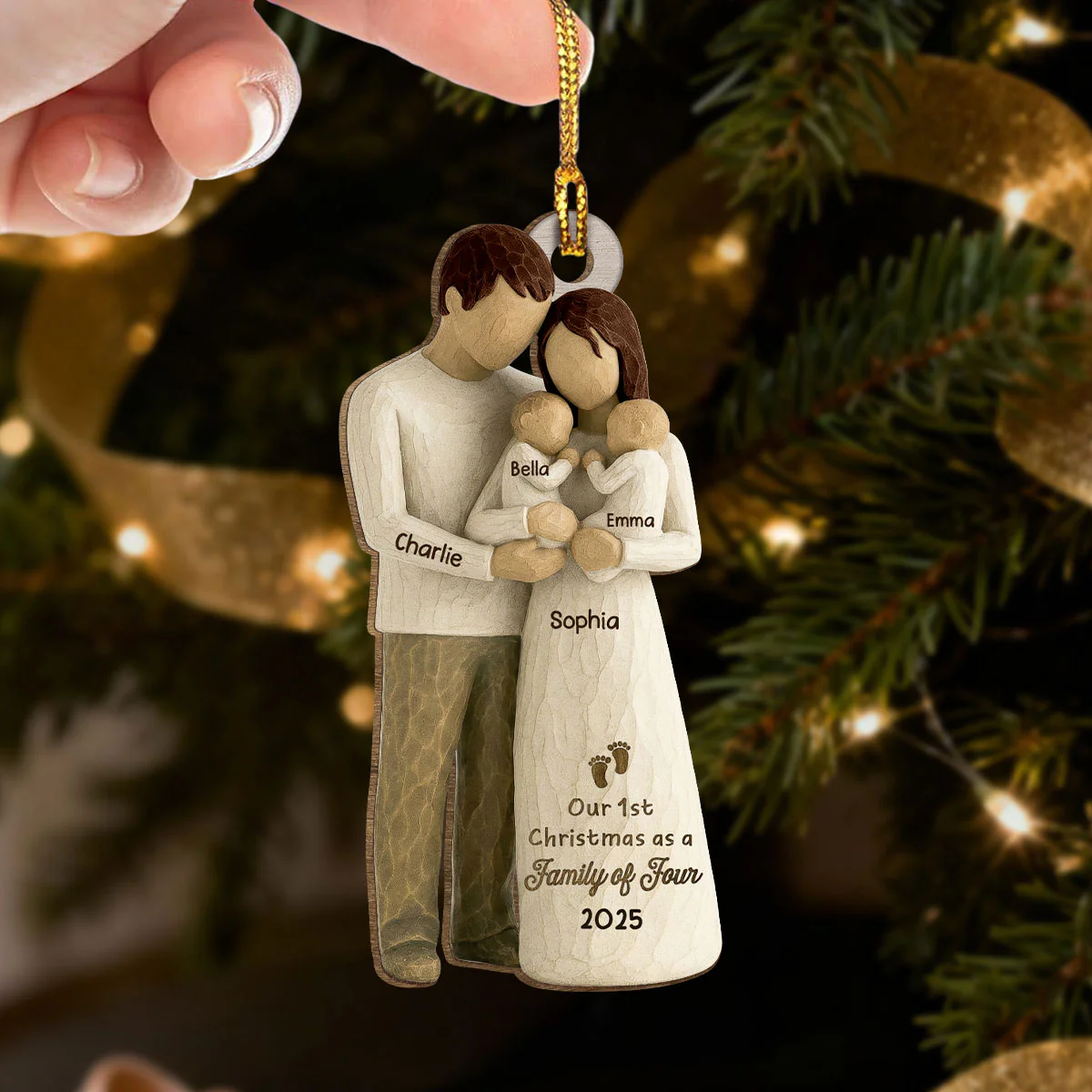 3D Effect First Christmas As Family Of Four Mom Dad & Twin Babies - Personalized Wooden Ornament - Image 7