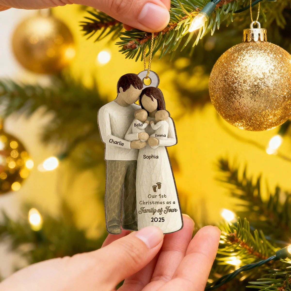 3D Effect First Christmas As Family Of Four Mom Dad & Twin Babies - Personalized Wooden Ornament - Image 8