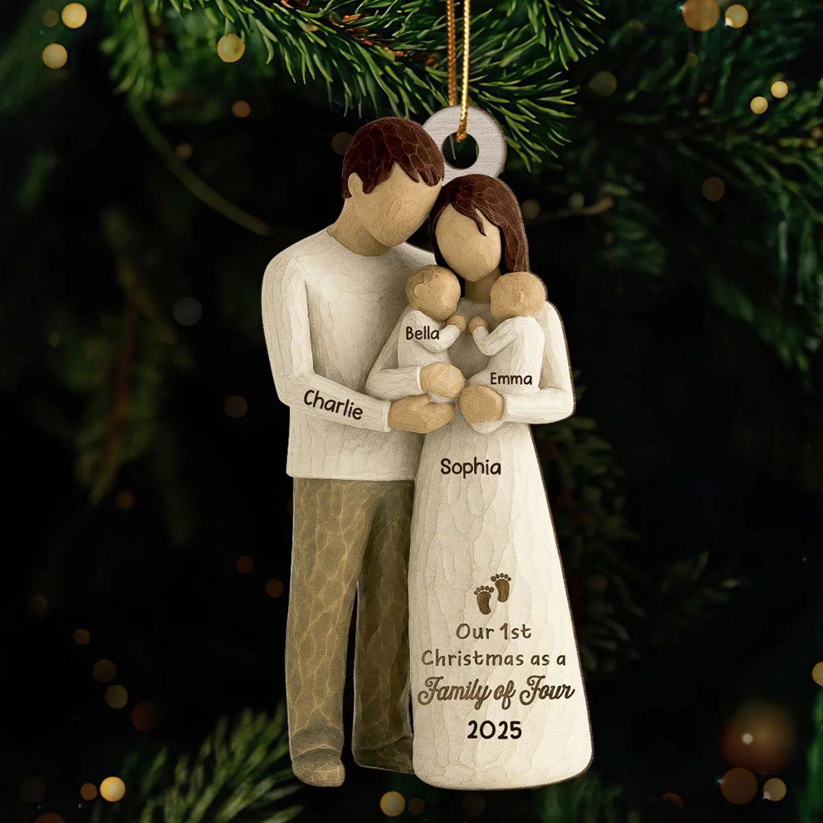 3D Effect First Christmas As Family Of Four Mom Dad & Twin Babies - Personalized Wooden Ornament - Image 9