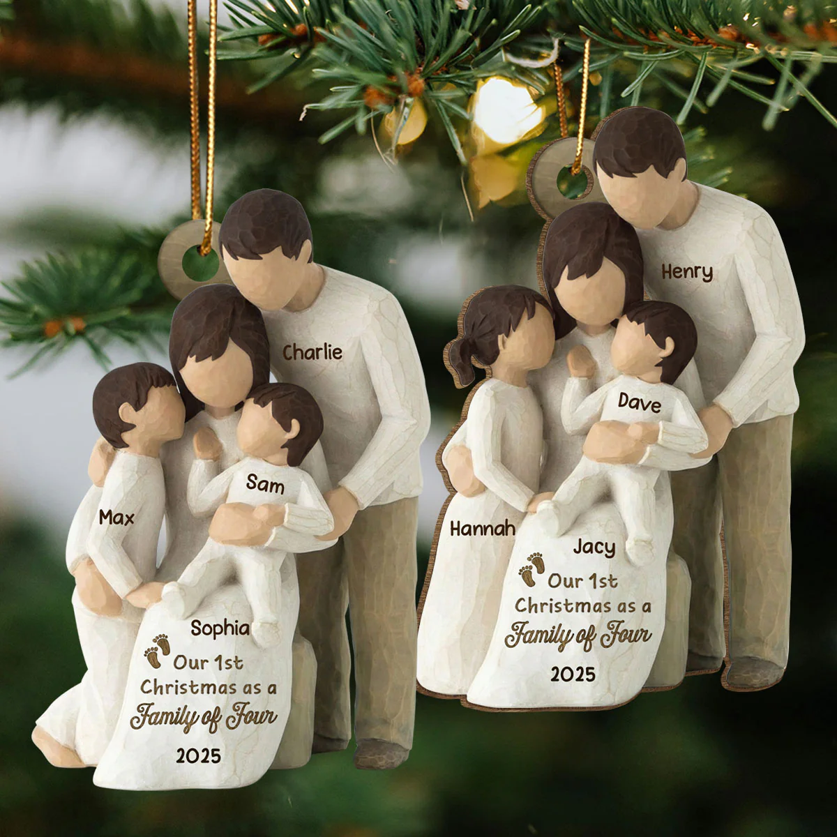 3D Effect First Christmas As Family Of Four - Personalized Wooden Ornament - Image 2