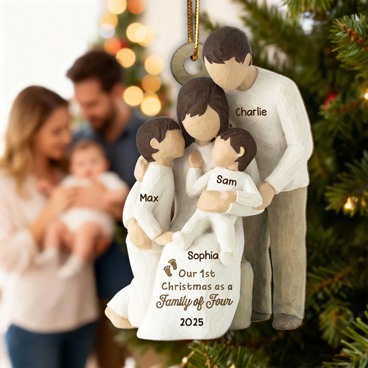 3D Effect First Christmas As Family Of Four - Personalized Wooden Ornament - Image 5