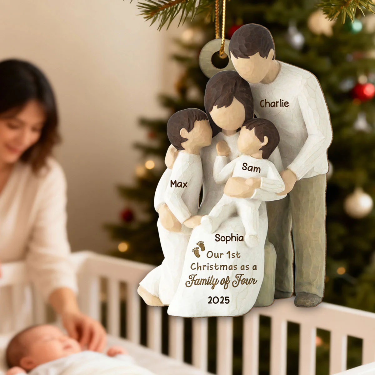 3D Effect First Christmas As Family Of Four - Personalized Wooden Ornament - Image 7