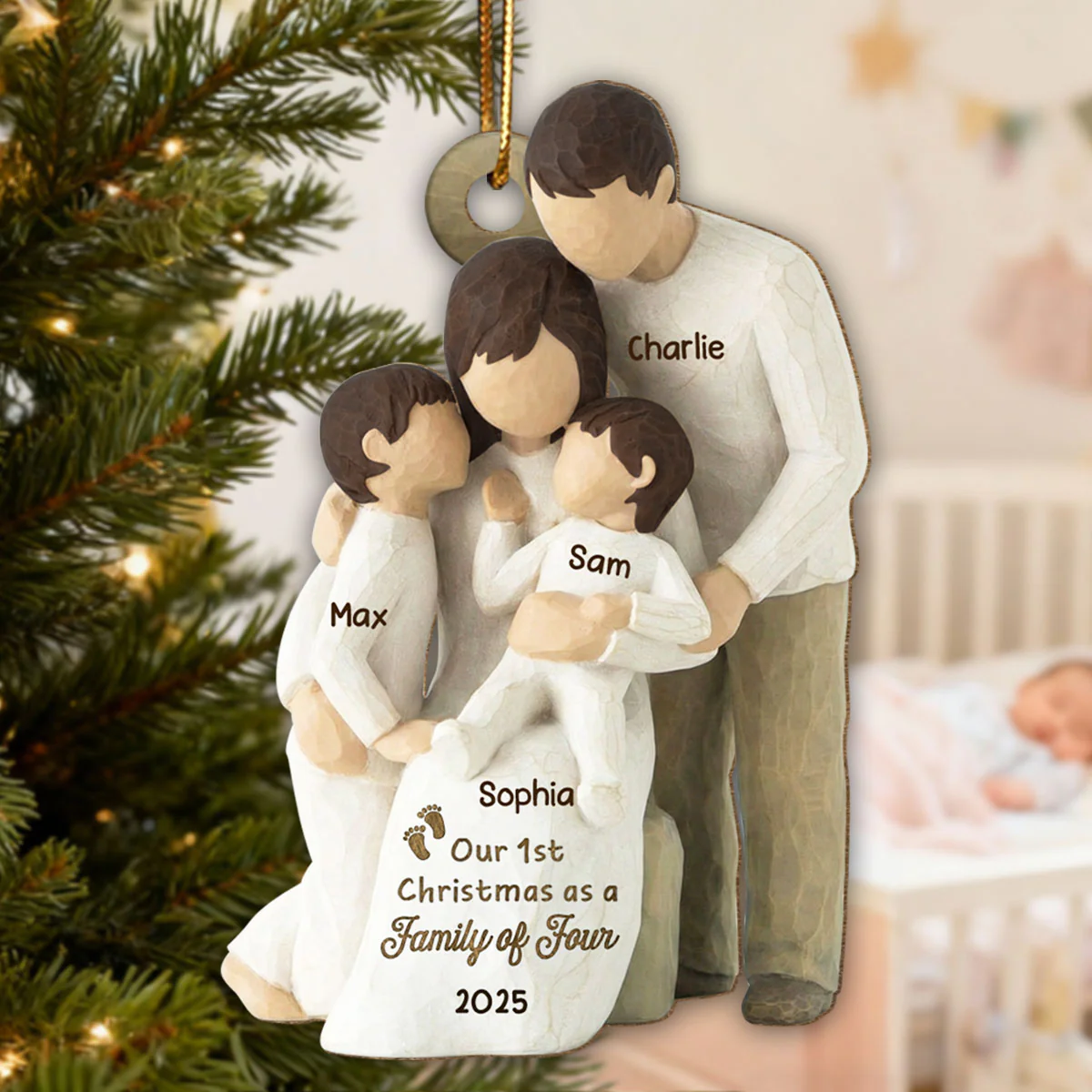 3D Effect First Christmas As Family Of Four - Personalized Wooden Ornament - Image 8