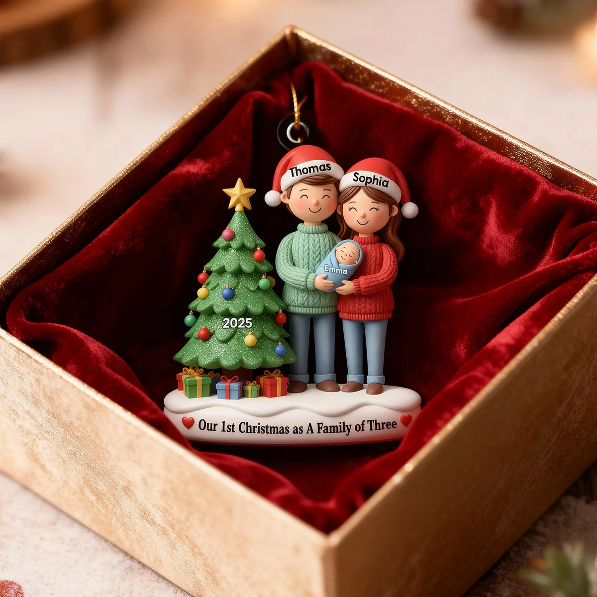3D Effect First Christmas As Family Of Three Mom Dad & Baby By Tree - Personalized Acrylic Ornament - Image 3