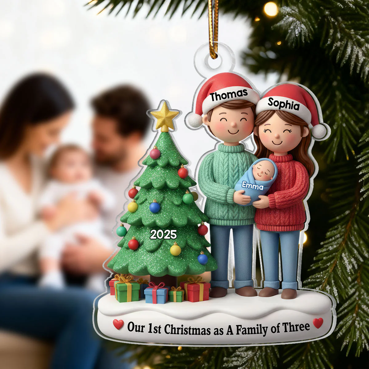 3D Effect First Christmas As Family Of Three Mom Dad & Baby By Tree - Personalized Acrylic Ornament - Image 4