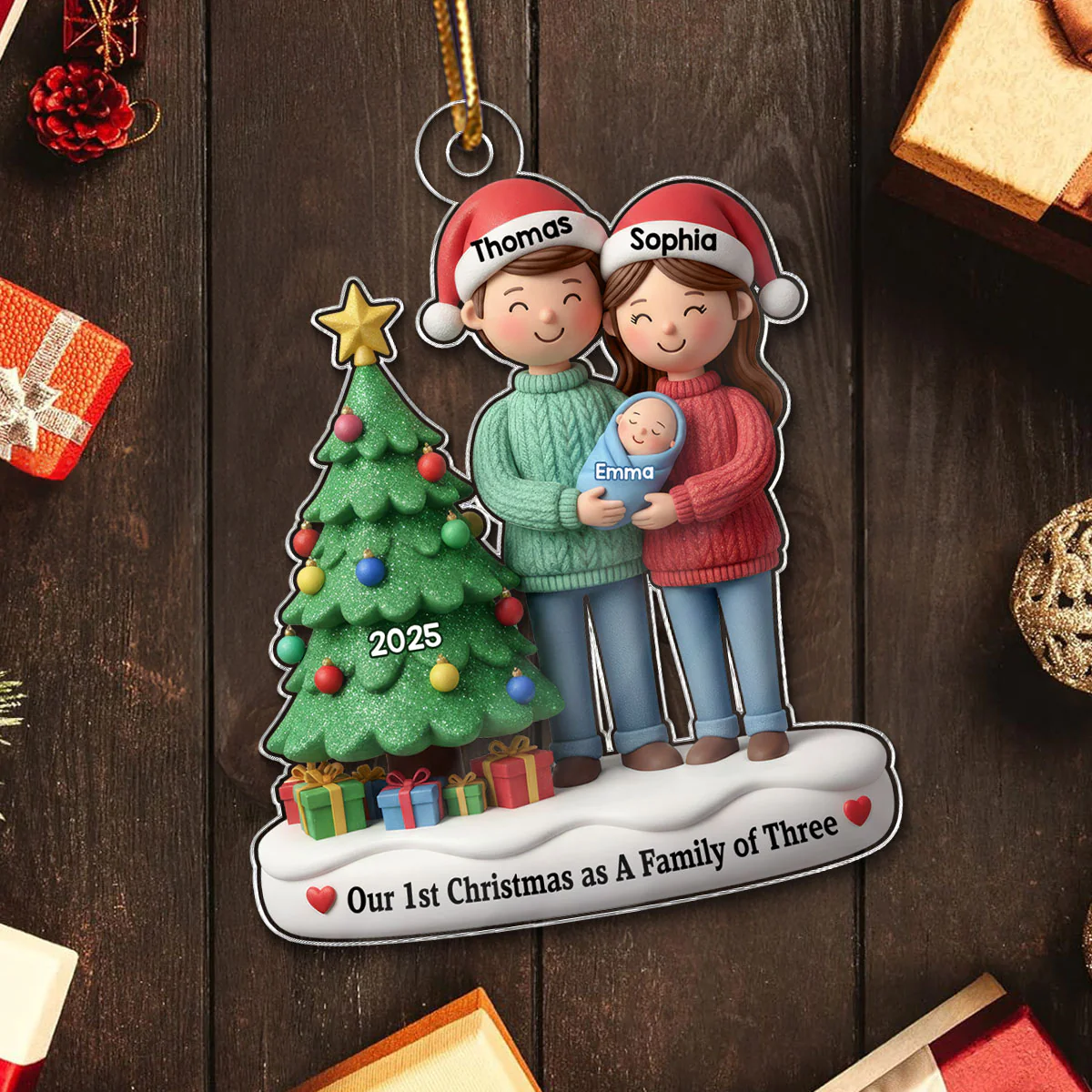 3D Effect First Christmas As Family Of Three Mom Dad & Baby By Tree - Personalized Acrylic Ornament - Image 5