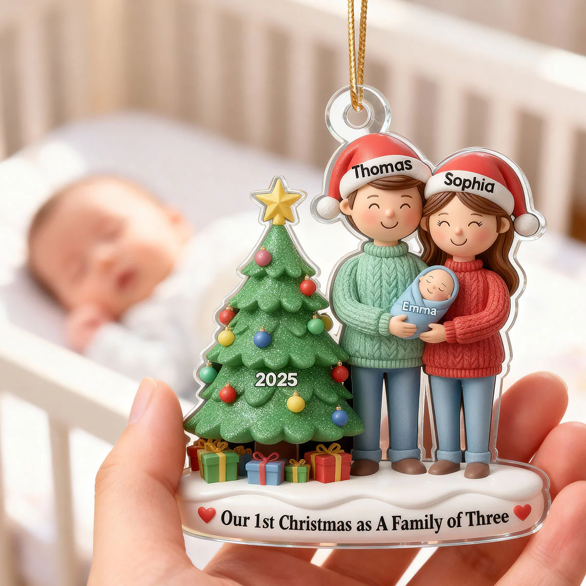 3D Effect First Christmas As Family Of Three Mom Dad & Baby By Tree - Personalized Acrylic Ornament - Image 6