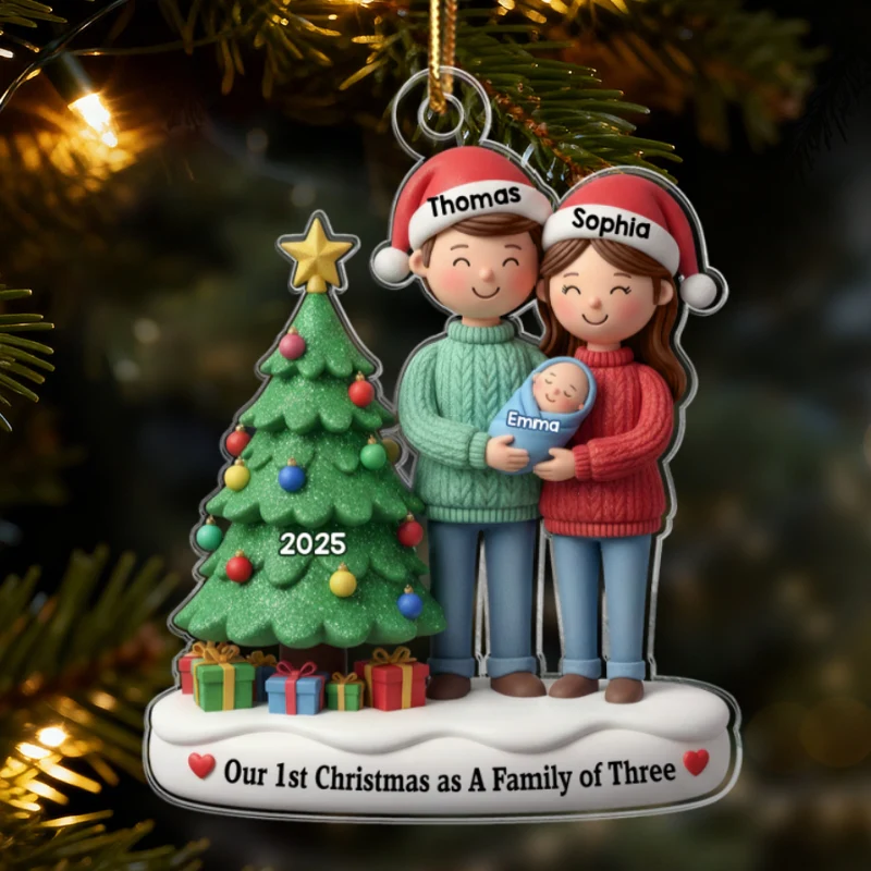 3D Effect First Christmas As Family Of Three Mom Dad & Baby By Tree - Personalized Acrylic Ornament - Image 8