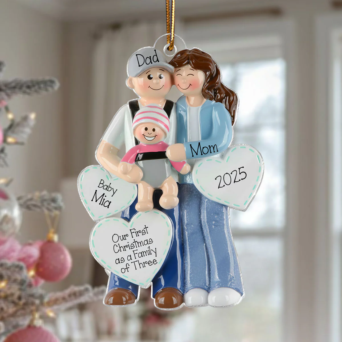 3D Effect First Christmas As Family Of Three Mom Dad & Baby On Carrier - Personalized Acrylic Ornament - Image 5
