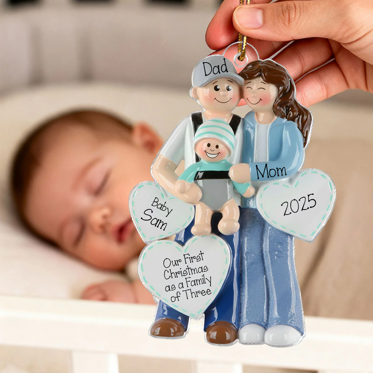 3D Effect First Christmas As Family Of Three Mom Dad & Baby On Carrier - Personalized Acrylic Ornament - Image 6