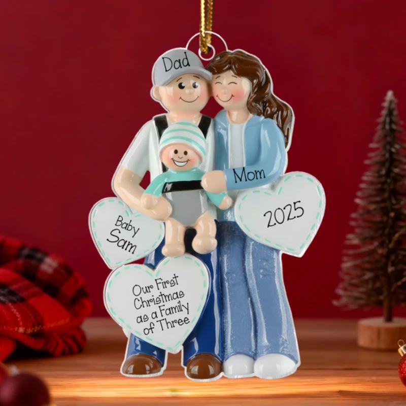 3D Effect First Christmas As Family Of Three Mom Dad & Baby On Carrier - Personalized Acrylic Ornament - Image 7