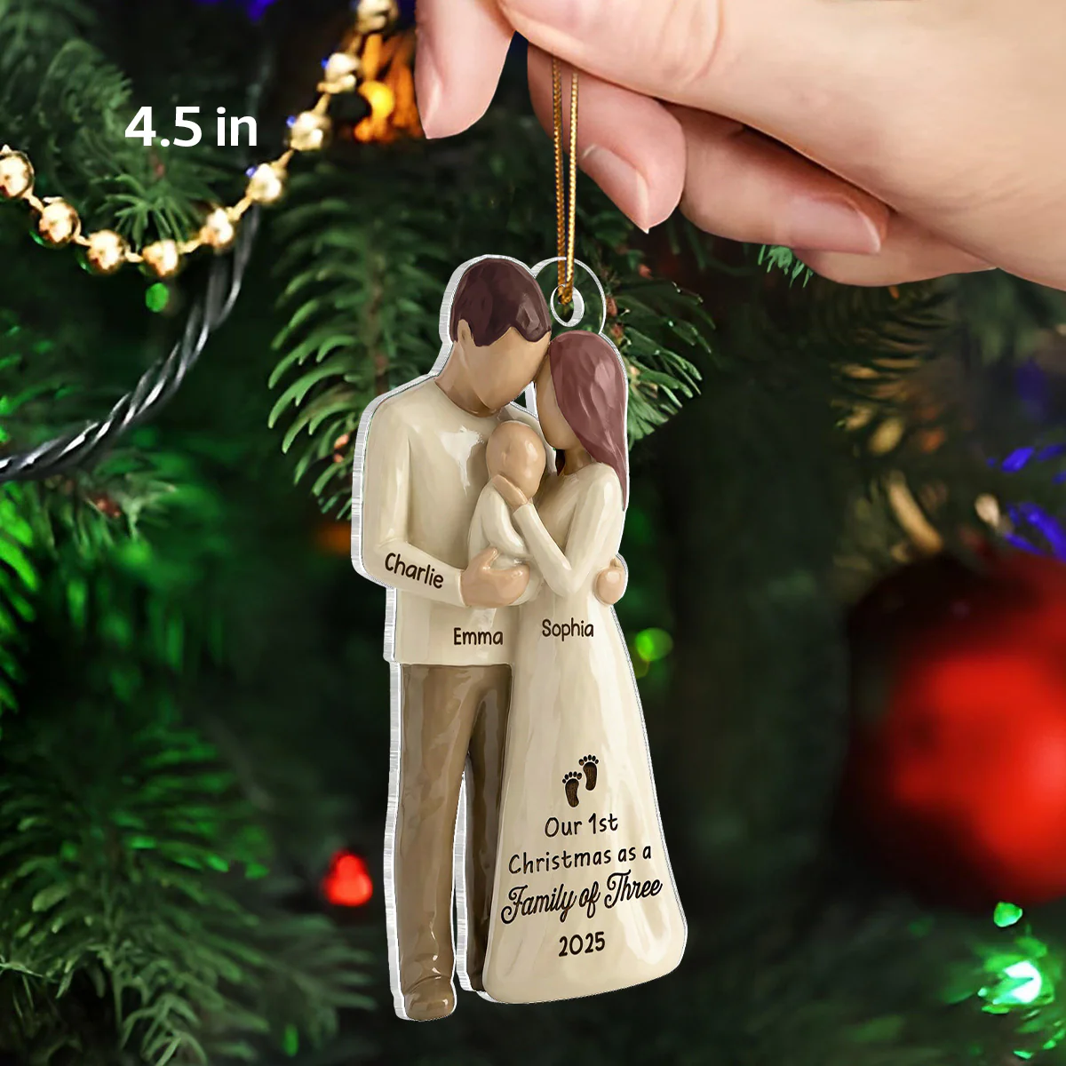 3D Effect First Christmas As Family Of Three Mom Dad & Baby - Personalized Acrylic Ornament - Image 2